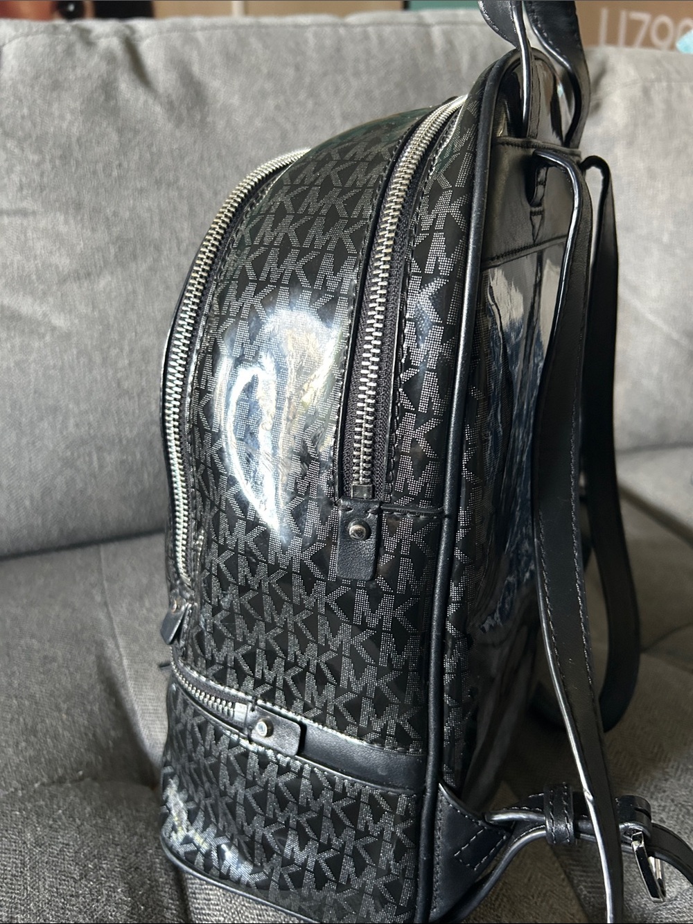 Michael Kors Rhea zip glossy Black MK Monogram Backpack - Picture 3 of 12